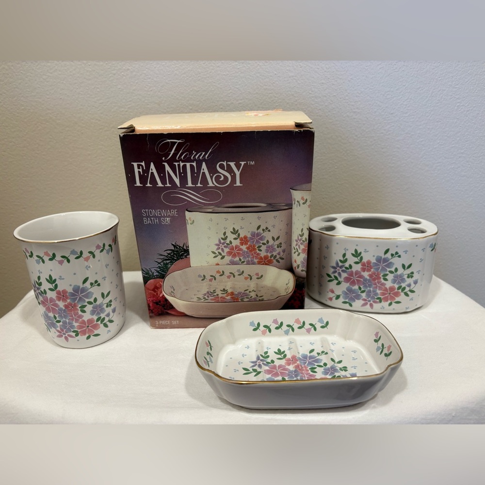 Vintage Stoneware 3pc Bathroom Vanity Set Made Japan Lilac & Pink Floral W/Box